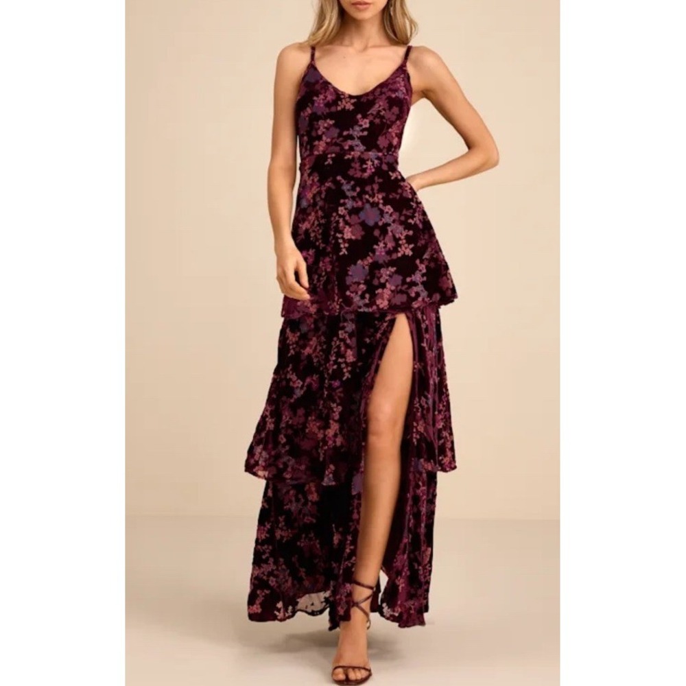 Lulus Plum Purple Floral Velvet Tiered Maxi Dress S NWT